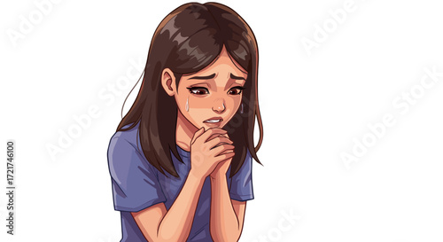 Young Woman Crying with Praying Hands Expressing Sadness and Desperation Isolated on Transparent Background
