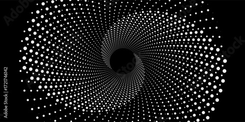et of black thick halftone dotted speed lines. Speed lines in circle form. Geometric art. Design element for frame, logo, tattoo, web pages, prints, posters, template, abstract vector background.