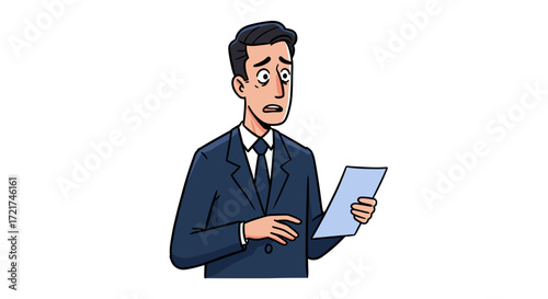 Anxious businessman holding document with worried expression isolated on transparent background