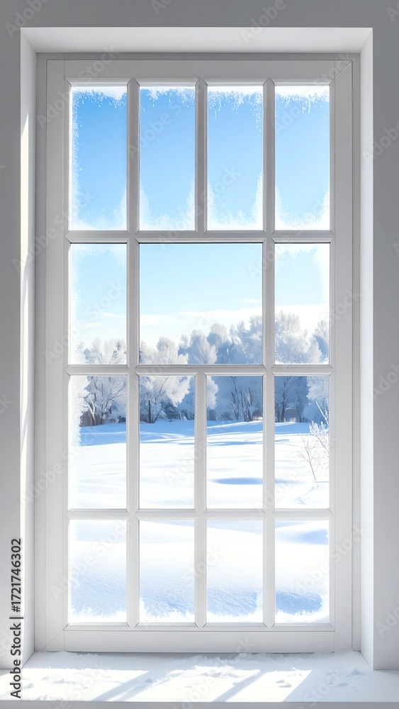 Fototapeta premium Bright window overlooking a snowy landscape.