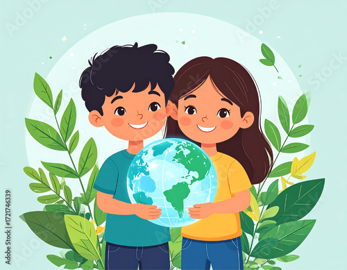 Two smiling children embrace a globe, surrounded by green leaves, promoting environmental awareness.