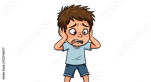 Scared Boy Covering Ears Eyes Wide Open Showing Fear and Anxiety Isolated on Transparent Background