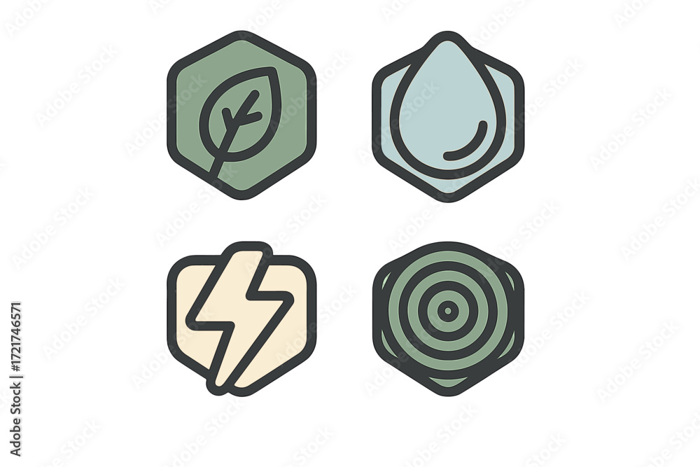 Obraz premium Hexagonal icons depicting natural elements like a green leaf, blue water drop, yellow lightning bolt, and concentric circles