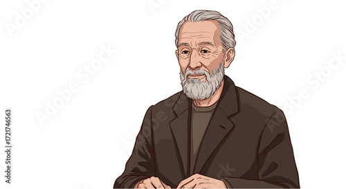 Thoughtful elderly man with gray beard and thoughtful expression sitting with hands clasped isolated on transparent background