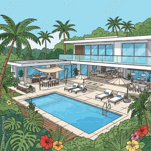 Luxurious modern villa with a swimming pool nestled in a lush tropical jungle paradise