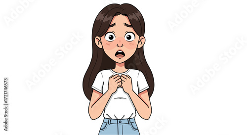 Surprised Young Woman Hands Clutched to Chest Expressing Shock and Fear Isolated on Transparent Background