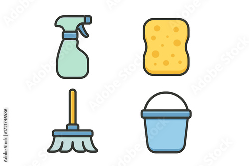 Household cleaning supplies set with spray bottle, sponge, broom, and bucket for domestic chores