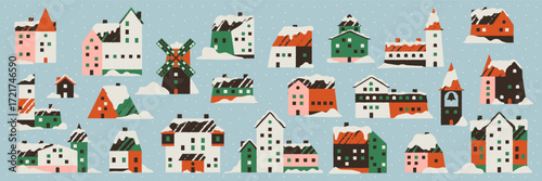 Scandinavian Christmas fairy tale winter scene with tiny house building and home.