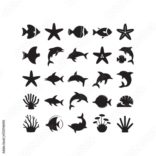 Black marine life silhouette vector set including fish, dolphin, starfish, turtle, coral, and underwater sea creatures, perfect for ocean, aquatic, scuba diving, and marine wildlife illustration graph