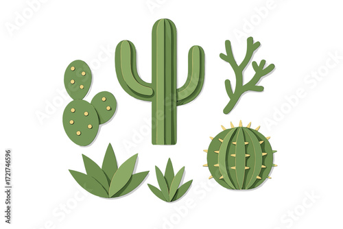 Diverse collection of green desert cacti and succulent plants with layered paper cut effect on clean white background