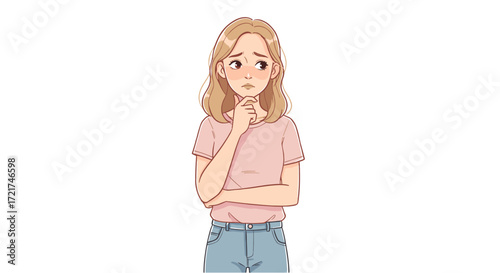 Young Woman Thinking Hesitant Doubtful Expression Pensive Contemplating Decision Isolated on Transparent Background