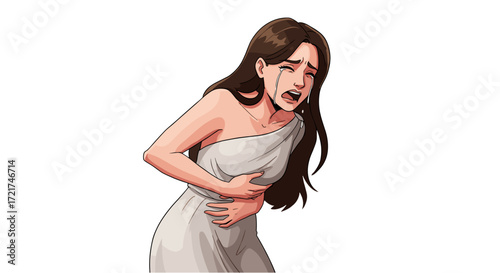 Distressed Woman Crying With Hand On Stomach Isolated On Transparent Background