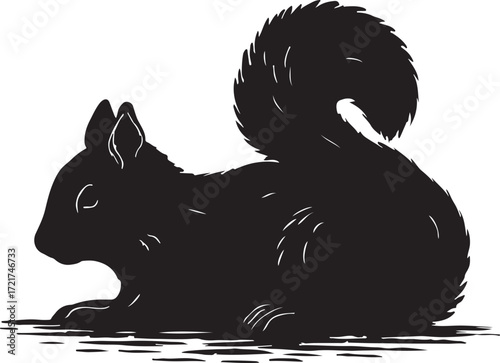 Stylized black silhouette of a squirrel with a bushy tail resting on a textured surface