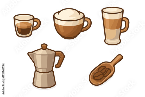 Collection of various coffee beverages and brewing equipment including espresso, cappuccino, latte, moka pot, and coffee beans