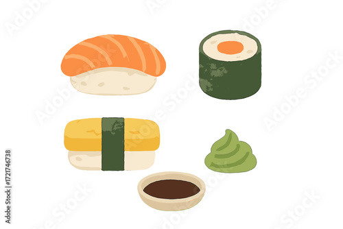 Japanese sushi set with fresh salmon nigiri, maki roll, tamago, wasabi, and soy sauce in a bowl, traditional cuisine