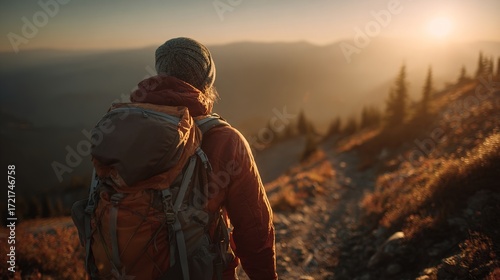 climbing. Solo hiker on mountain trail during golden hour, with blurred mountain backdrop. tourism brochures, itinerary planners, designed for hospitality marketing for hotel rooms and spa retreats.