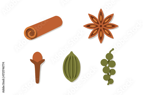 Assortment of aromatic cooking spices including cinnamon, star anise, clove, cardamom, and peppercorns