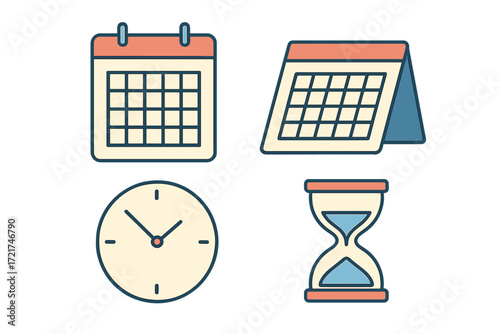Essential collection of time management and scheduling icons featuring calendars, a clock, and an hourglass for planning