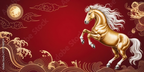 Chinese new year background with golden horse, wave, and moon for holiday celebration, festive decoration, and traditional design
