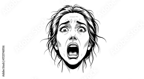 Terrified Woman Screaming Face Expressing Extreme Fear and Horror Isolated on Transparent Background
