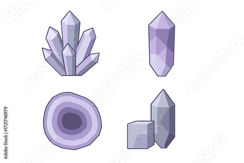 Geometric purple and grey crystal formations and a sliced geode on white