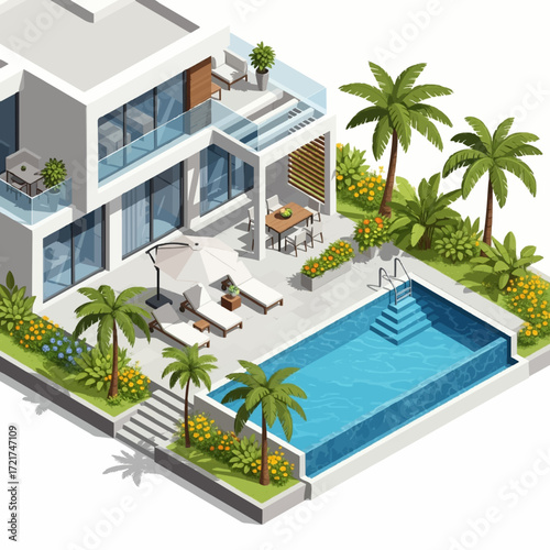 Luxury modern house with a swimming pool and palm trees, an idyllic dream home villa shown in a detailed isometric view