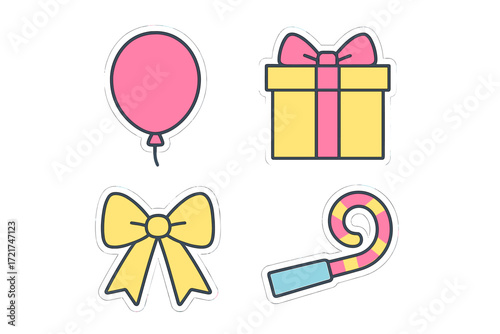 Vibrant celebration elements featuring a pink balloon, yellow gift box, decorative bow, and festive party blower