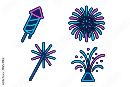 Colorful neon outline icons featuring fireworks, rocket, and sparkler for festive events and celebrations