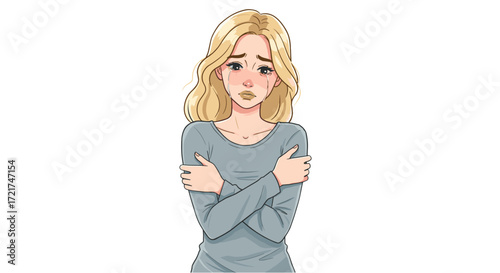 Sad Woman Hugging Herself Feeling Cold and Lonely Isolated on Transparent Background