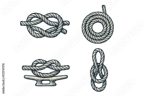 Detailed collection of traditional nautical rope knots and coiled rope designs featuring a marine cleat in vintage style