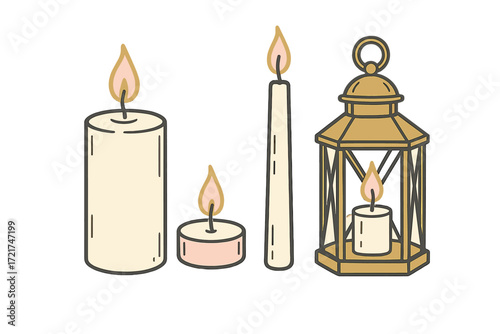 Warm glow from various lit candles including pillar, tealight, taper, and an antique style lantern