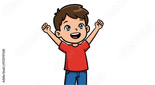 Excited happy young boy arms raised celebrating success pure joy isolated on transparent background