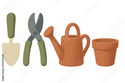 Gardening tools and supplies set with shovel, pruning shears, watering can, and terracotta pot for plant care