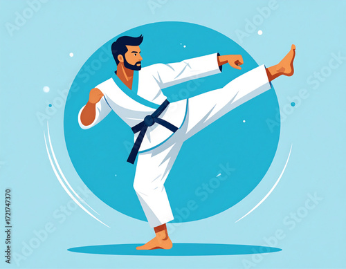 A man in a karate uniform performs a powerful front kick.