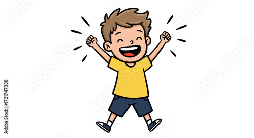 Excited Cartoon Boy Jumping for Joy Celebrating Success Happiness Isolated on Transparent Background