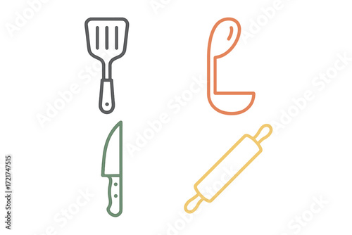 Modern outline icons of essential kitchen cooking utensils including spatula, ladle, knife, and rolling pin