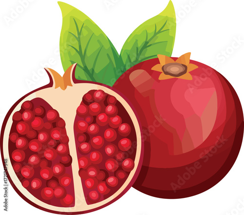 A graphic illustration of two pomegranates one whole and one cut open with green leaves