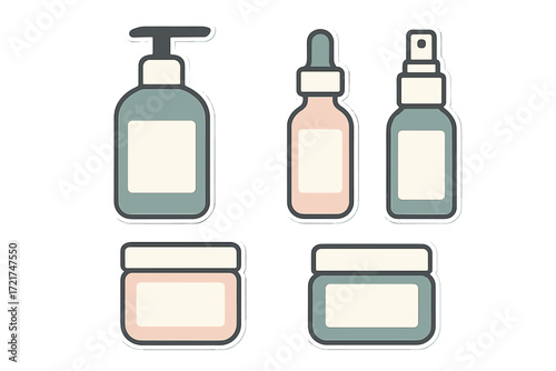 Collection of minimalist cosmetic product containers including pump bottle, dropper, spray, and cream jars