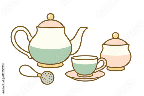 Elegant pastel tea set with teapot, teacup, saucer, sugar bowl, and tea infuser for hot beverages