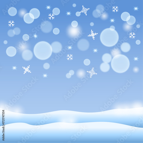 Winter Christmas background with glitter and snowflakes. Vector blue illustration with snowdrifts.