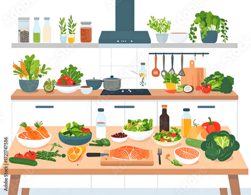A well-stocked kitchen counter displays various fresh foods, vegetables, and ingredients, ready for preparation.