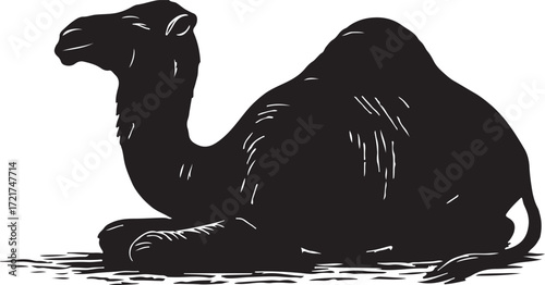 A stylized black silhouette of a dromedary camel resting on the ground with a textured artistic rendering