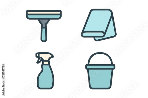 Assortment of essential cleaning tools and household supplies including squeegee, spray bottle, bucket, and cloth for domestic maintenance
