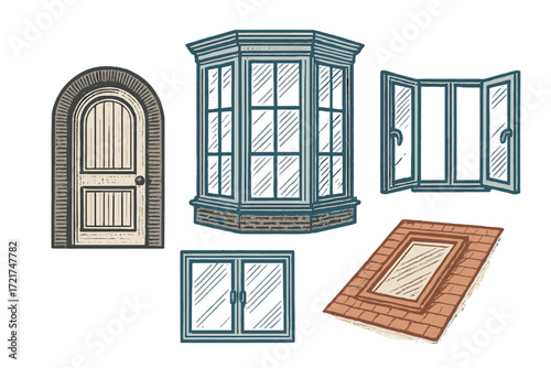 Collection of various architectural elements including a classic arched door, bay window, and different types of house windows