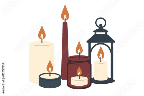 Cozy arrangement of various lit candles including pillar, taper, tealight, and a decorative lantern providing warm ambient light