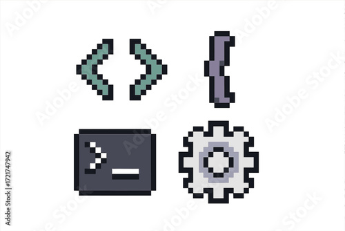 Modern pixel art programming code brackets terminal and settings gear icons for digital design and software development