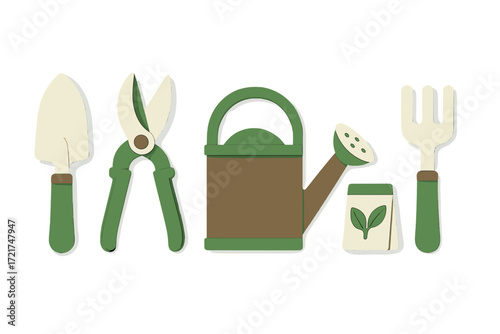 Essential garden tools for planting and growing plants: trowel, shears, watering can, seed packet, hand fork