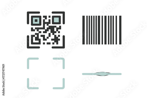 Modern digital identification codes including QR code, barcode, and interactive scanning interface for data capture