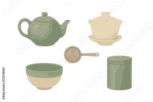 Elegant set of traditional tea ceremony essentials: teapot, gaiwan, tea bowl, strainer, and storage caddy