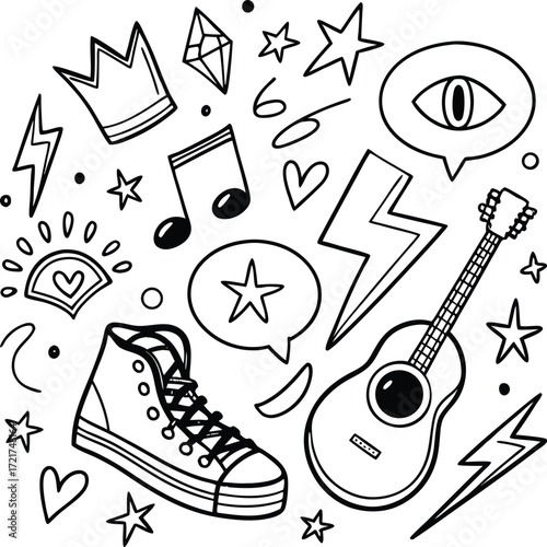 The Eternal Rise of Heavy Meta. Doodle icon drawn punk music sketch set.